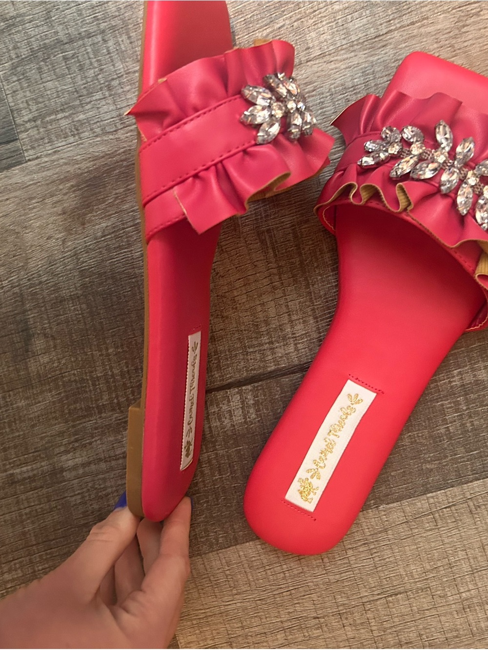 Embellished Pink Ruffle Slide Mules - Picture 2 of 3